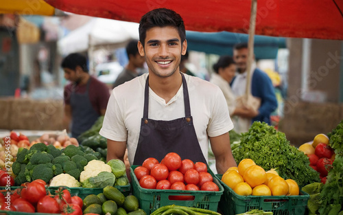 A young smiling farmer sells his organic fruits and vegetables