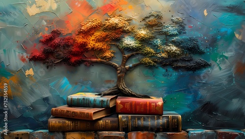 A magical tree with a cascade of rainbow leaves atop vintage hardcovers with a rough painting backdrop