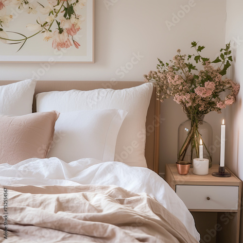 Simple home decor a neutral bedroom with white bedding and candles  in the style of botanical abundance  light brown and beige  Danish design  impressionistic color usage  pink and beige.