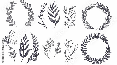 Minimalistic botanical wedding frame elements, including wreaths, flowers, and leaf branches in a hand-drawn pattern, set against a white background