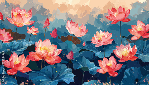 Pop Art Lotus Flowers, pop art style, lotus flower design, colorful floral patterns vector illustration background
