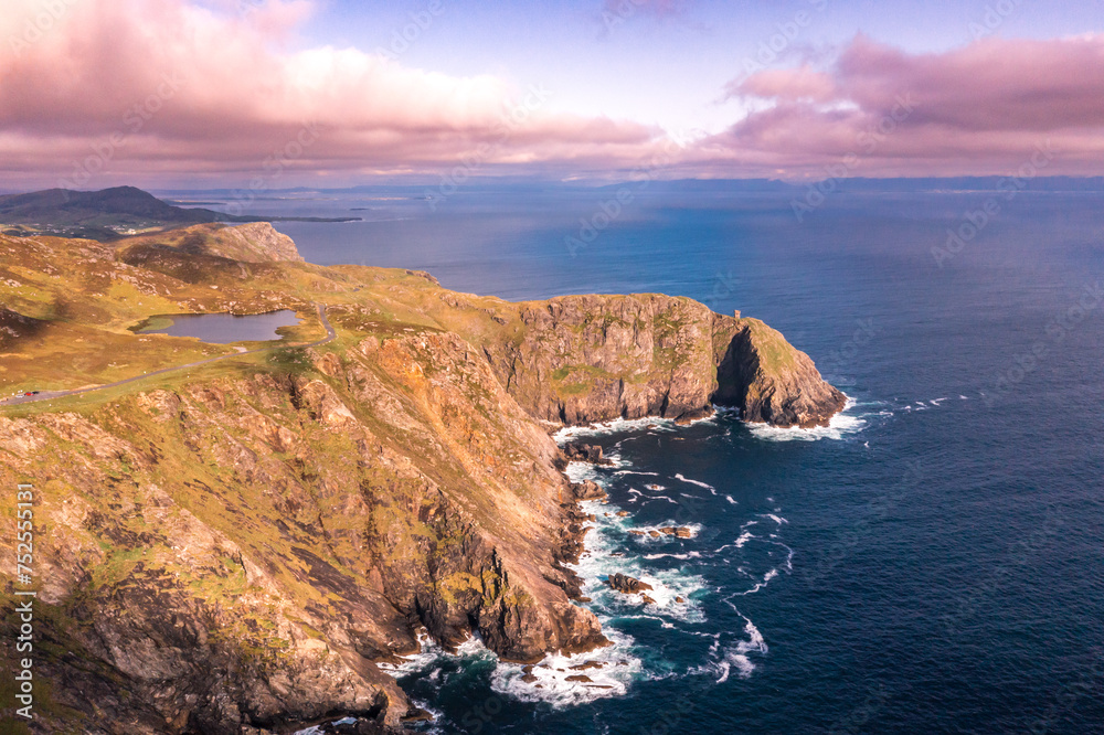 Beautiful scenery with Slieve League cliffs in Donegal Ireland aerial view