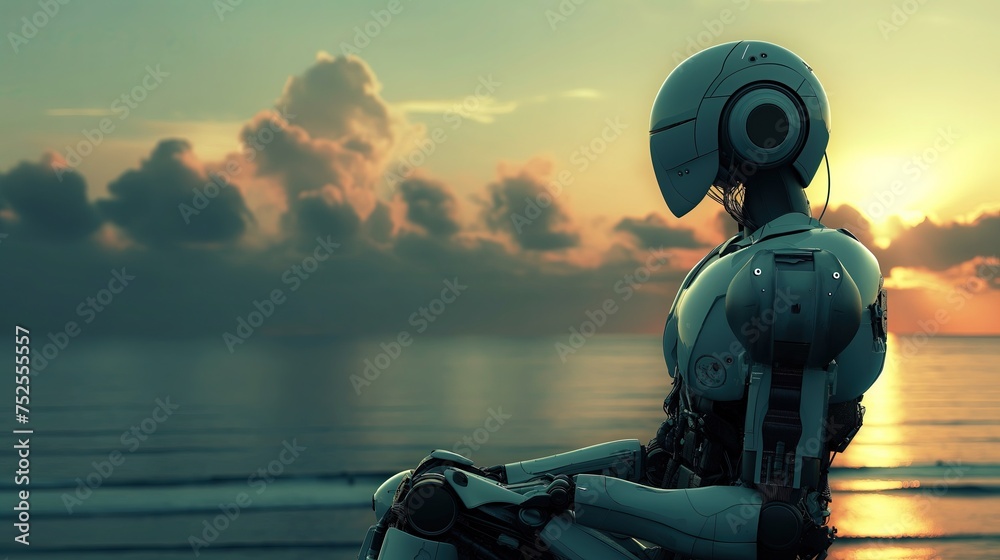 Robot siedzi na plaży i patrzy na zachód słońca, wyrażając mindfulness. Widok jest pełen spokoju i piękna. - obrazy, fototapety, plakaty 