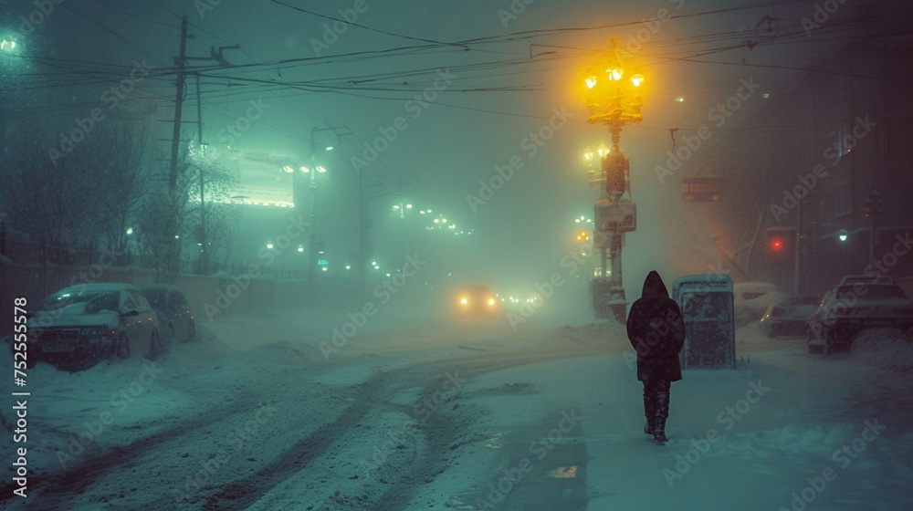 Fototapeta premium Snowy city street in the evening, cars covered with snow