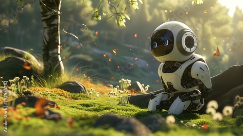 Skąpany w promieniach słońca, robot spoczywa na soczyście zielonej łące, harmonijnie współistniejąc z naturą.