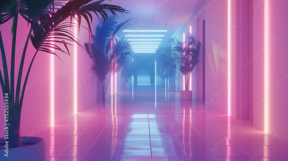 Długi korytarz z palmami i neonowymi światłami - obrazy, fototapety, plakaty 