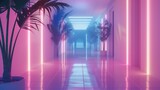 Długi korytarz z palmami i neonowymi światłami