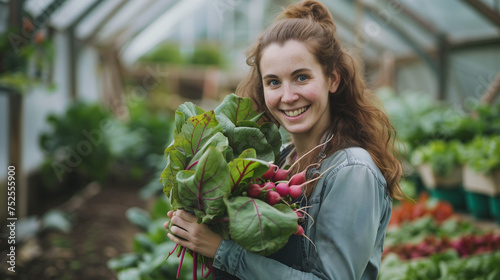 A young woman holds freshly picked pink radish in a greenhouse