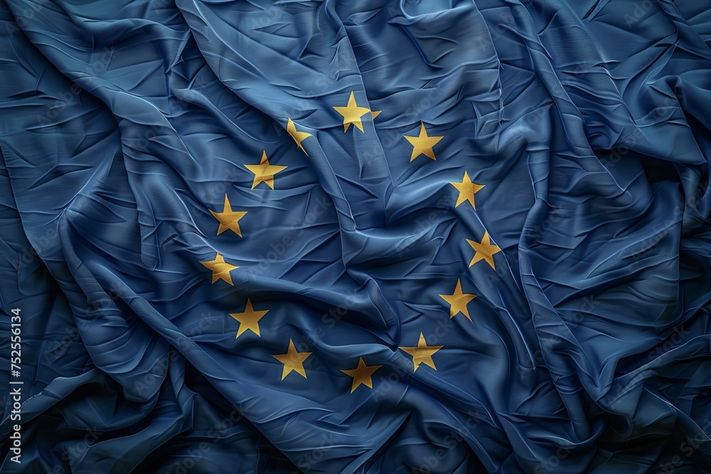 Europe flag, top view of crumpled blue European Union flag, generative ai