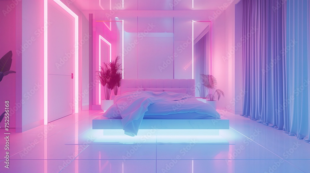 W pomieszczeniu znajduje się łóżko z różowym oświetleniem, które tworzy przyjemny nastrój. Oraz neonowym niebieskim pod łożkiem - obrazy, fototapety, plakaty 
