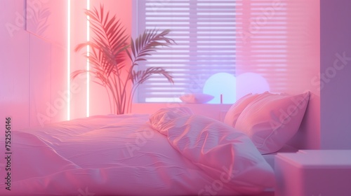 W sypialni widać różowe światło wpadające przez okno, rozpraszające się delikatnie po pomieszczeniu.