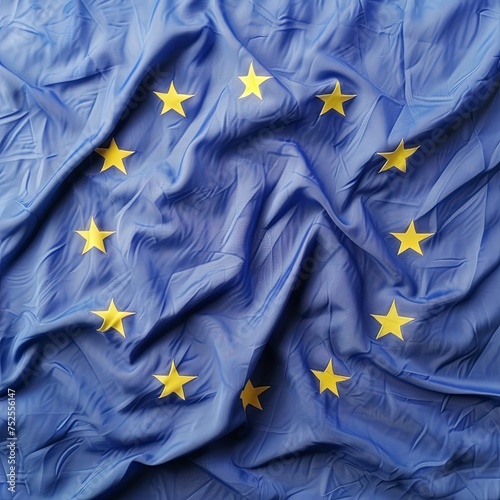 Europe flag, top view of crumpled blue European Union flag, generative ai