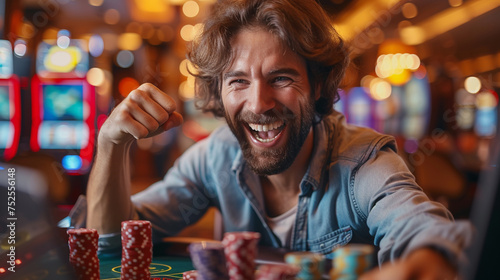 Young man playing slots in casino, gambling concept