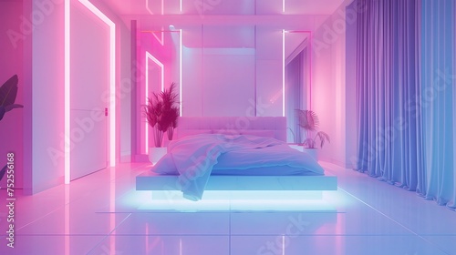 W pomieszczeniu znajduje się łóżko z różowym oświetleniem, które tworzy przyjemny nastrój. Oraz neonowym niebieskim pod łożkiem