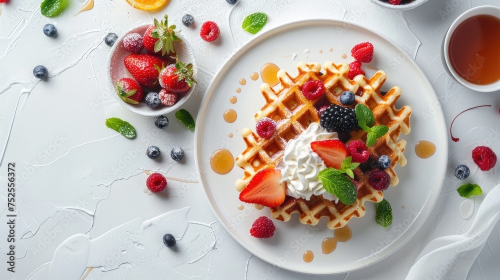 children's breakfast with a top-down capturing a plate adorned with one waffle, assorted fruits, berries, and whipped cream on a white table, leaving ample space for text. children's breakfast with a top-down capturing a plate adorned with one waffle, assorted fruits, berries, and whipped cream on a white table, leaving ample space for text.