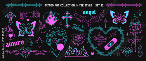 Y2k Glam Tattoo Art set in 2000s style. Y2k Emo Goth heart, butterfly, chain, flame silhouette. Opium style fashion. Barbed wire frame. Goth Tattoo line art stickers. Printable vector designs