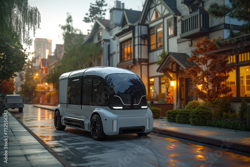 A futuristic autonomous delivery vehicle navigating through a suburban neighborhood. Concept of autonomous transport. Generative Ai.