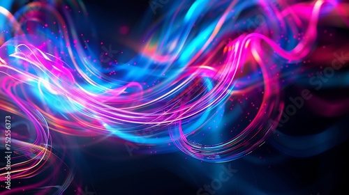 An electrifying abstract composition featuring vibrant neon lights with a lens flare effect, casting colorful hues of pink, blue, and purple against a velvety black background