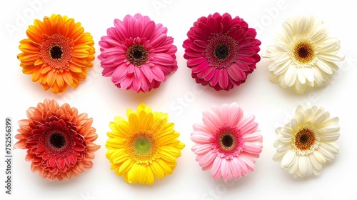 Set of colorful Gerbera roses flowers collection isolated on white background. Featuring red, pink, yellow, white, and orange colors. Studio shot