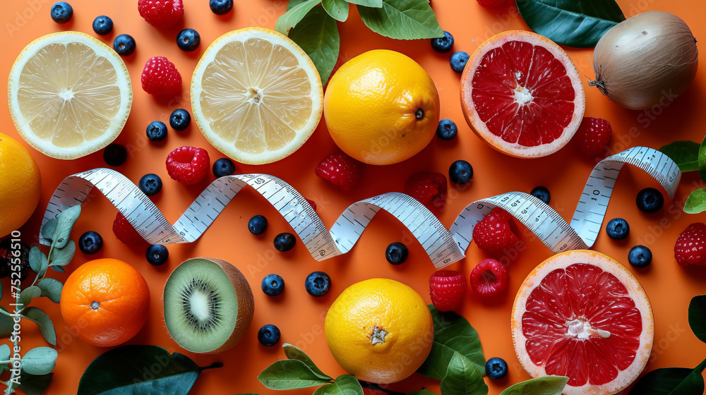 Bright vegetables and fruits, assorted citrus fruits on a plain background with a measuring tape. Healthy and appetizing set of products. Concept: healthy eating and meat-free diets. culinary recipes
Bright vegetables and fruits, assorted citrus fruits on a plain background with a measuring tape. Healthy and appetizing set of products. Concept: healthy eating and meat-free diets. culinary recipes