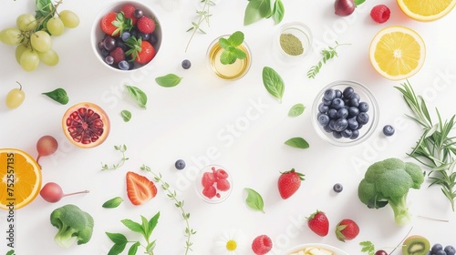 Na białej powierzchni stoi duży stół z ustawionymi na nim świeżymi owocami i warzywami. Jest to ujęcie skupione na naturalnych produktach spożywczych.