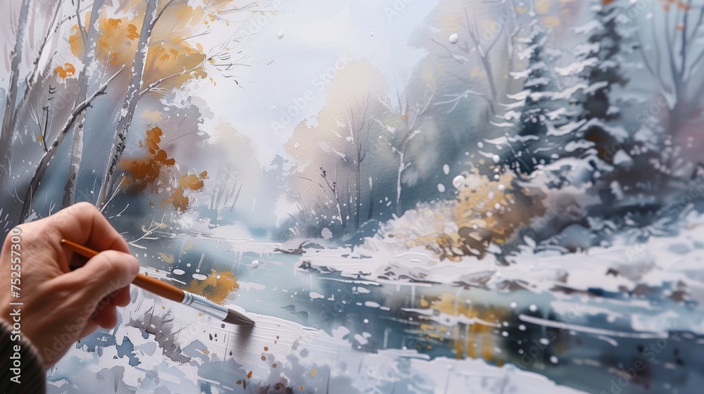 Osoba maluje pędzlem zimowy pejzaż przy użyciu farb akwarelowych. Scena przedstawia śnieżne widoki i uważnie dobierane detale. - obrazy, fototapety, plakaty 