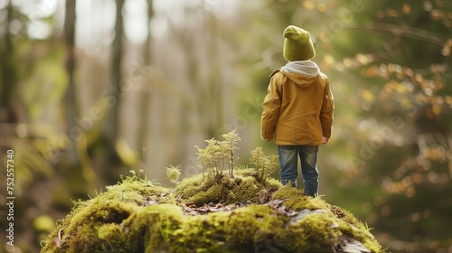Dziecko stoi na kamiennej skale w lesie porośniętej mchem. Obserwuje otaczającą przyrodę, praktykując uważność.