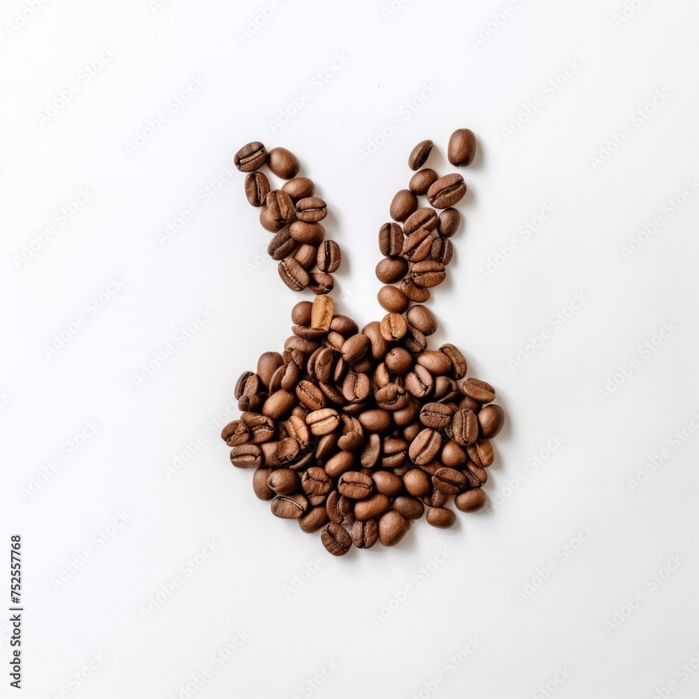Creative flat lay composition with easter bunny shape made of coffee roasted beans on white background. Flat Lay. Easter Concept