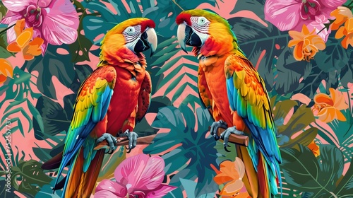 A tropical exotic pattern featuring vibrant macaws, colorful flowers, and lush vegetation