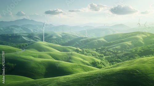 Looking up of wind turbines above green hills. Green energy concept. Panoramic view of wind farm or wind park  with high wind turbines for generation electricity with copy space. Generative Ai