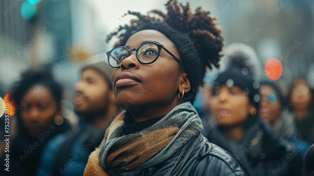 Black woman with afro wearing bright clothes on the city street for black history month or woman's day celebration. Generative ai