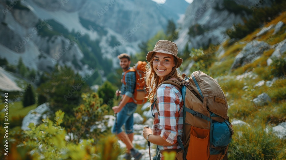 Summer bright photo of young man and woman walks in the mountain, goes hiking with backpacks. Active healthy lifestyle adventure journey vacations. Generative ai