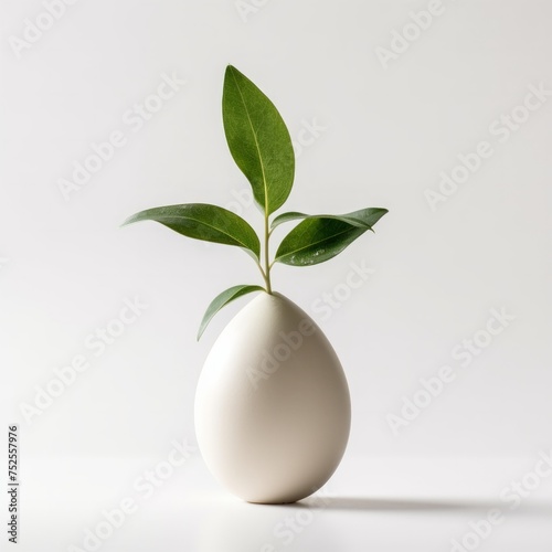 Sustainable Growth: Green Plant Sprouting from Eco-Friendly Egg on White Background. Spring Easter Concept