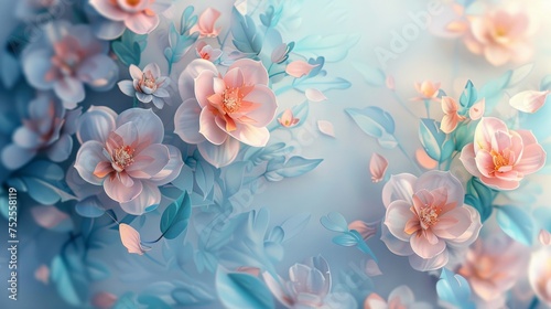Watercolor-style flowers depicted with luxurious floral elements, suitable for botanical backgrounds, wallpaper designs, prints, invitations, and postcards