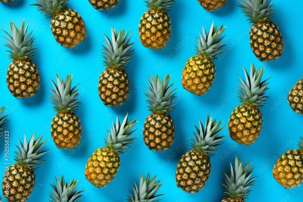 Tropical Pattern: Fresh Pineapples Lined Up on Bright Blue Background. Flat Lay Tropical Pattern: Fresh Pineapples Lined Up on Bright Blue Background. Flat Lay
