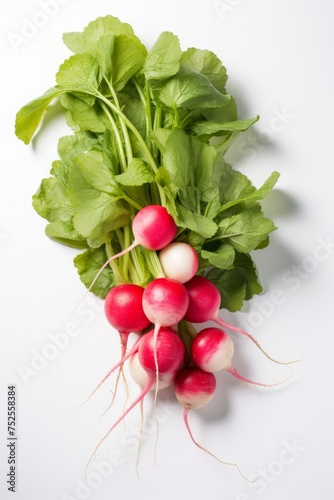 Freshness Unearthed: Bunch of Crisp Radishes with Green Tops on White Background