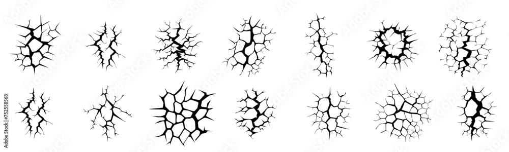 Cracks of wall texture effect, ground concrete break with fissure split lines of fractures. Cracks pattern effect on vector background - obrazy, fototapety, plakaty 