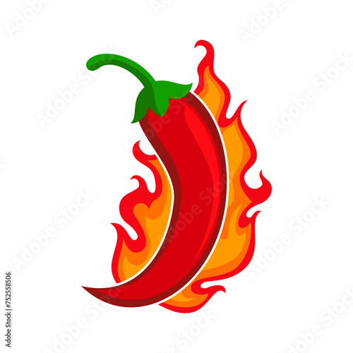 Chili pepper red hot burn for spicy flavor for food taste. Vector spicy chili pepper in fire burning