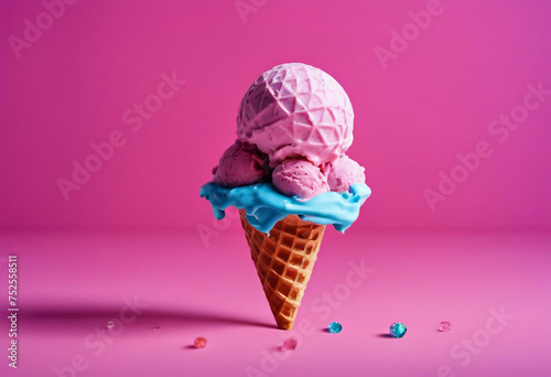 Disco ball ice cream in pink waffle cone levitates on blue background Minimal holiday party concept (1).jpg