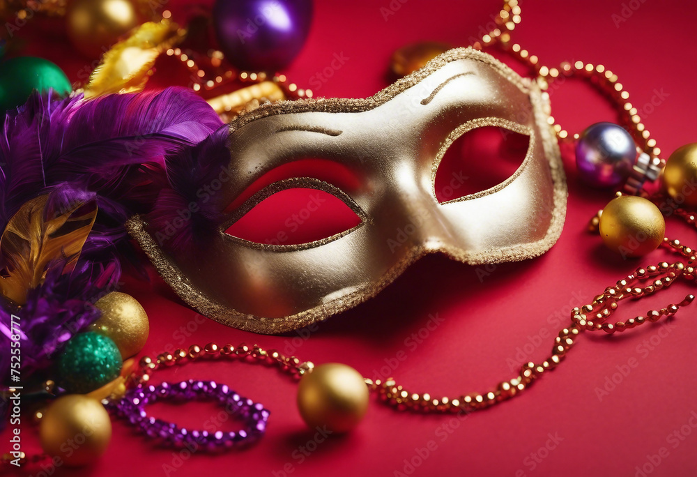 Festive colorful mardi gras or carnivale mask and accessories over red background Golden mask on red background