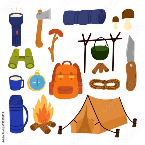 .Large set of hiking equipment. Items for summer camping, trekking. Outing equipment. Camping equipments.