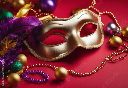 Festive colorful mardi gras or carnivale mask and accessories over red background Golden mask on red background