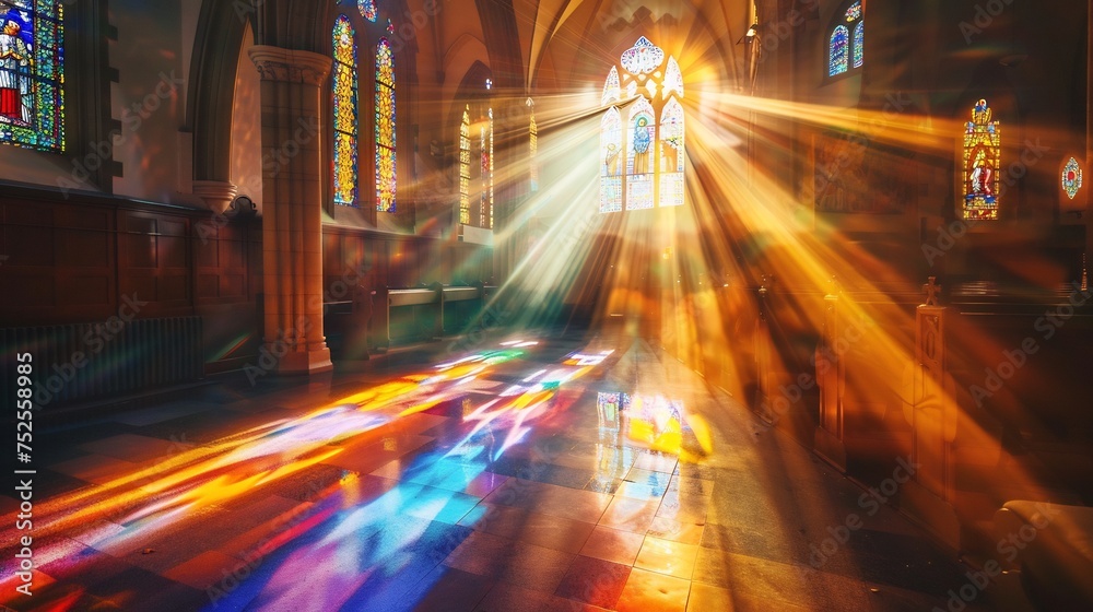 A transcendent scene capturing the divine presence within a church, with sunlight streaming through stained glass windows