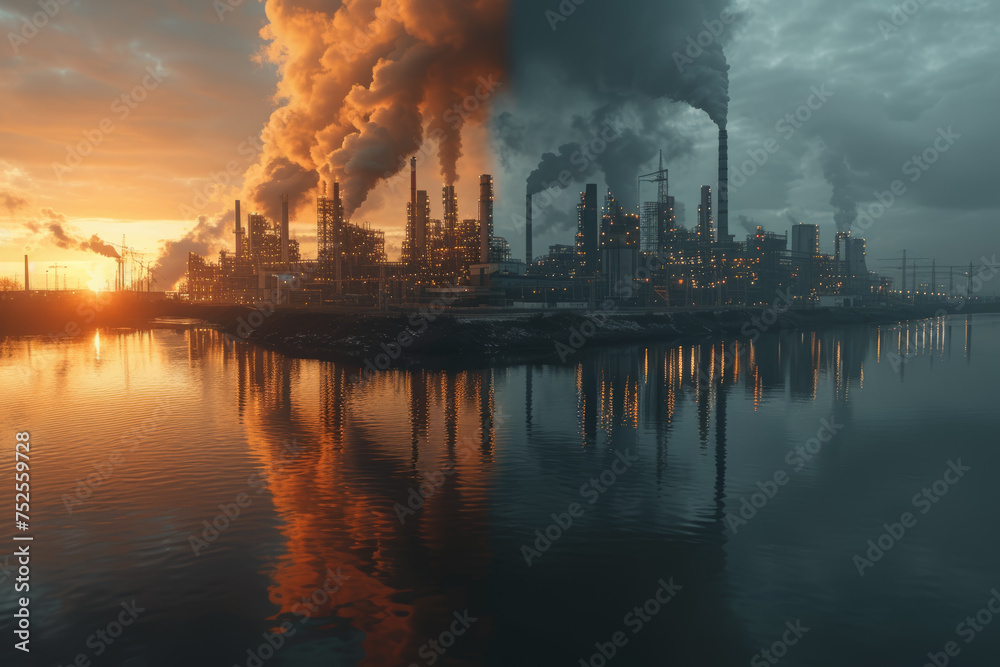 A split-screen composition portraying a clean, eco-friendly energy source alongside a smoke-spewing factory emitting pollutants. Concept of sustainable energy. Generative Ai.