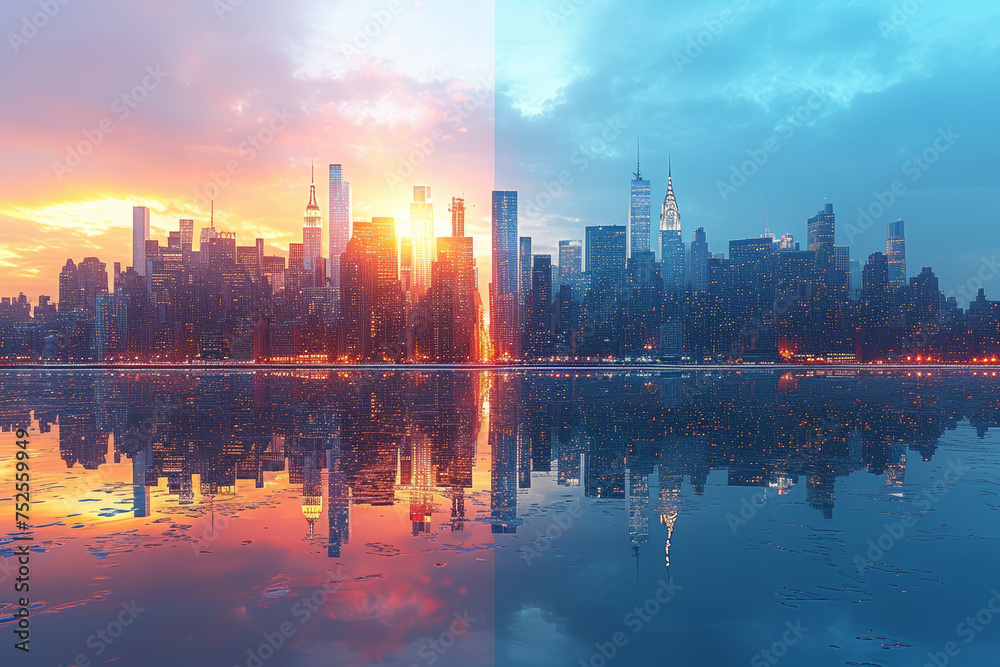 Naklejka premium A city skyline during both day and night, illustrating the transformation of urban landscapes with changing light conditions. Concept of diurnal contrast. Generative Ai.