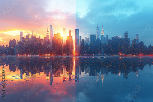 A city skyline during both day and night, illustrating the transformation of urban landscapes with changing light conditions. Concept of diurnal contrast. Generative Ai. photo