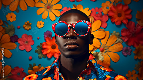 A confident African man in a floral shirt patterned sunglasses on a blooming flower abstract background in pop art style. Contemporary fashion concept