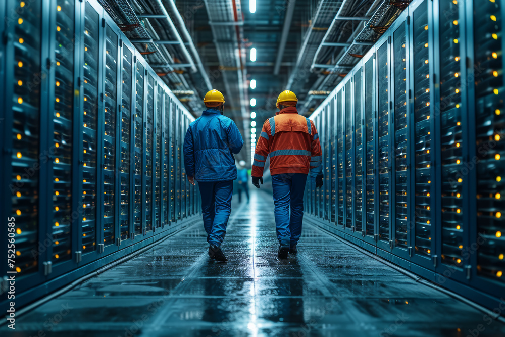 Obraz premium Engineers fine-tuning energy-efficient cooling systems for data centers, promoting sustainable practices in the tech industry. Concept of green data centers. Generative Ai.