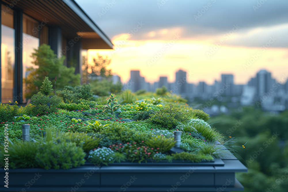 Φωτογραφία The construction of a green roof on a city building, incorporating natural vegetation for improved energy efficiency and urban biodiversity