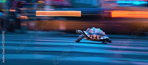 tortoise moves slowly in the city photo